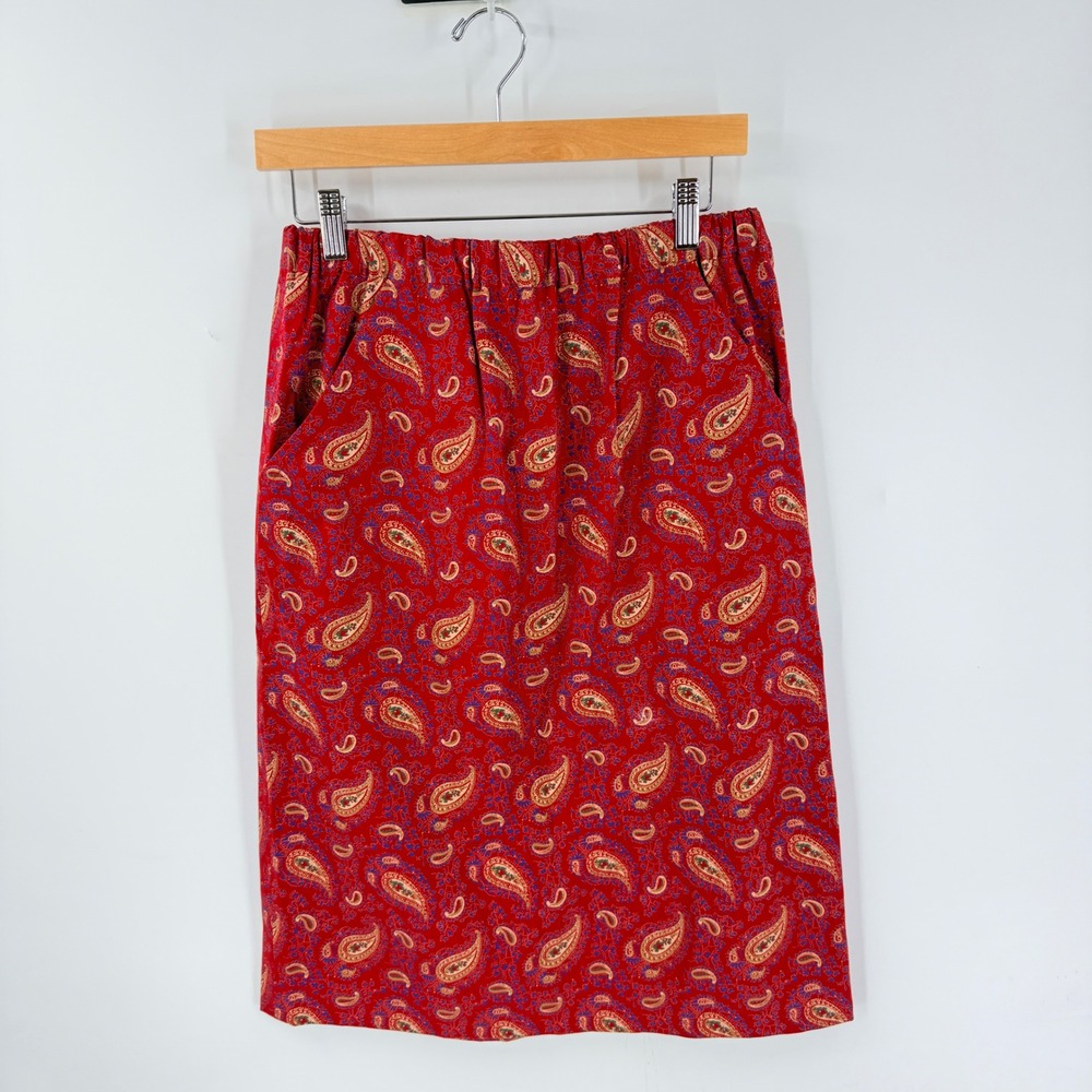 Vintage Handmade Paisley Knee Length Skirt Medium Cottage Elastic Waist Pockets